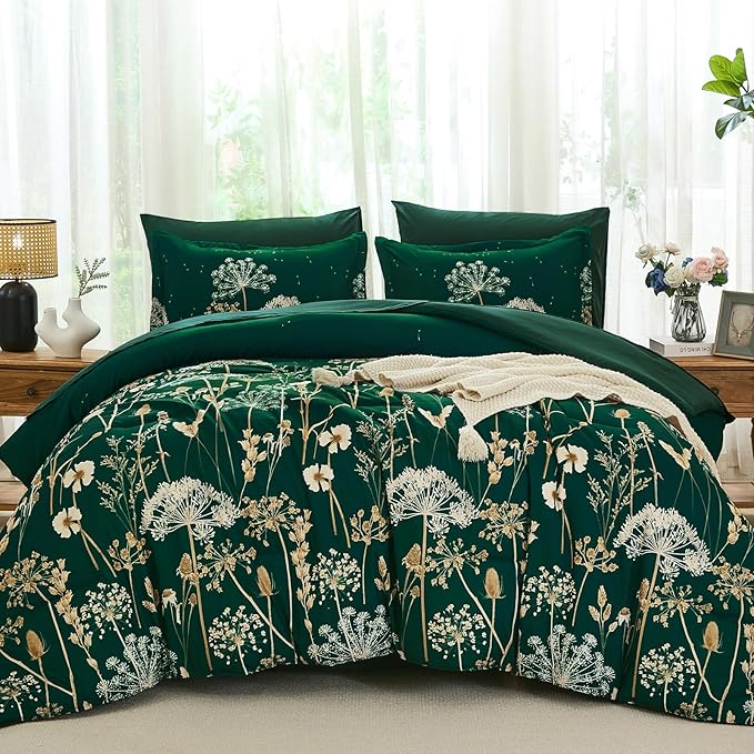 Yiran 7 Piece Comforter Set King Size, Dark Green Dandelion Floral Bedding Set, Botanical Bed in a Bag King, Soft Microfiber Complete Bedding Set with Comforter, Sheets, Pillowcases & Shams