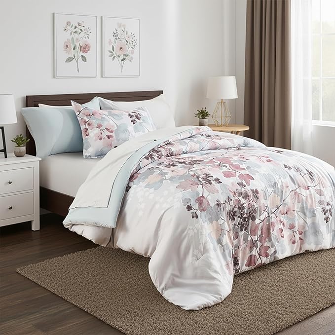 Twin XL Comforter Set Blush Bed Set, 6 Pieces Cute Floral Bedding Set Ultra Soft Botanical Flowers Comforter, Sheets, Pillowcases & Sham
