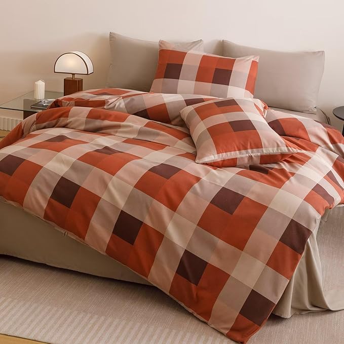 Cottonight Checkered Red Comforter Set Twin Gingham Grid Bedding Set Red and Khaki Grid Comforter Fluffy Soft Bedding Set Kids Teens Twin Comforter with 2 Pillowcases