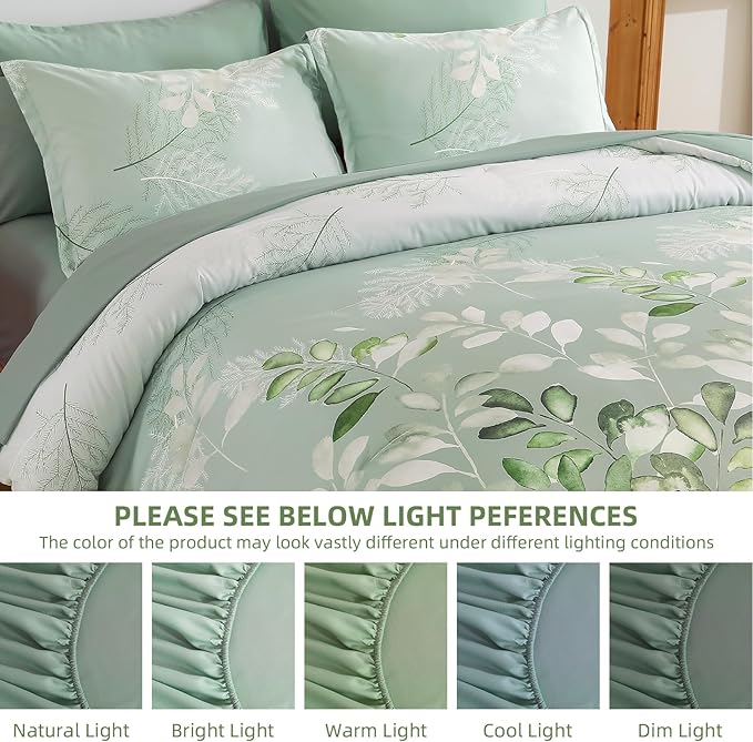 Anibedding Sage Green Queen Comforter Set, 7 Piece Botanical Gradient Leaves Ultra Soft Microfiber Down Alternative Bedding Set with Sheets and Bedroom for All Season