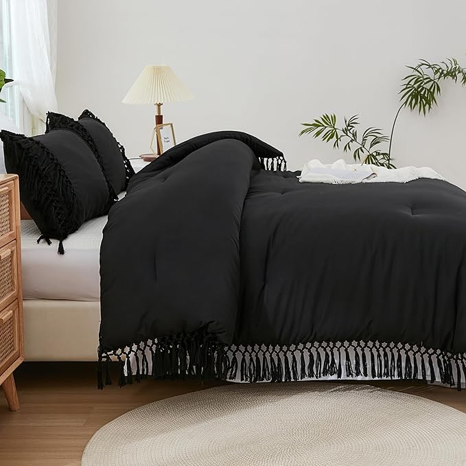 Andency Black Comforter Set King, 3 Pieces Boho Tassel Lightweight Soft Bedding Comforter Sets for King Bed, All Season Fluffy Fringe Bed Set (104x90In Comforter & 2 Pillowcases)