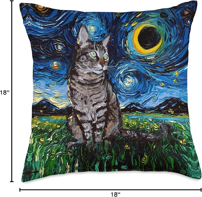 Gray Tabby Tiger Cat Starry Night Moon and Stars Artwork Throw Pillow