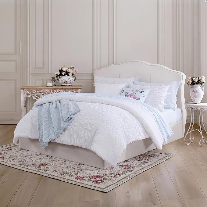 Shabby Chic® - King 3-Piece Comforter Set, Reversible Cotton Bedding with Matching Shams, Seersucker Shirring Home Decor for All Seasons (Aiden White, King)