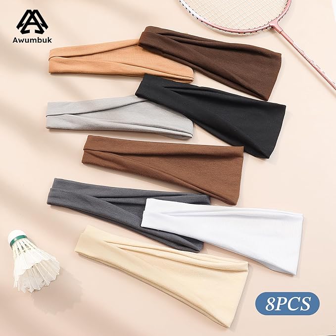Headbands for Women, 8 Pack Non-Slip Moisture Wicking Sports Wide Head Bands, Stretchy Elastic Fabric, Multiple Colors Securing Hair for Fashion, Sports, Yoga, Running, Daily Life