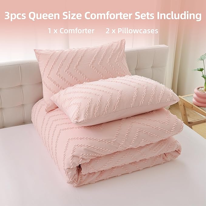 YIRDDEO Pink Queen Size Comforter Set 3Pcs - Boho Chevron Blush Farmhouse Bedding, Vertical Tufted Lightweight Neutral Bed Set (1 Comforter, 2 Pillowcases)