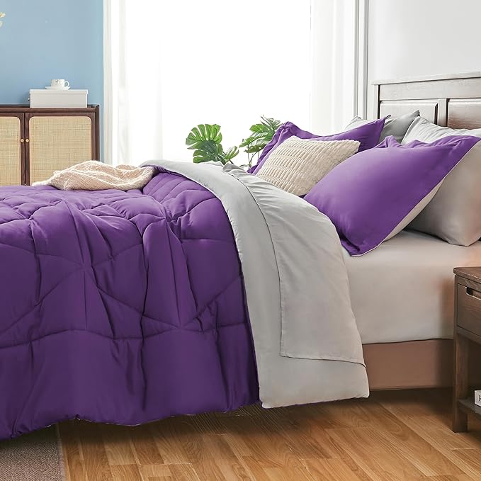 BEDELITE Full Comforter Set 7 Pieces Bed in A Bag - Soft Microfiber Reversible Purple Bed Set with Comforters, Sheets, Pillowcases & Shams, Cozy Luxury Bedding Sets for All Season