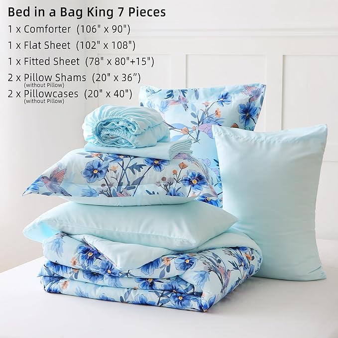 Floral King Comforter Set with Sheets, 7 Piece Luxury Vintage Bedding, Soft Microfiber Bed in a Bag, Cozy Lightweight Bed Set, Blue Flower Leaf Botanical
