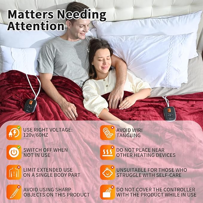 Heated Electric Blankets - Soft Flannel Heating Throw Electric Blanket Queen Size 84" × 90" Red - Velvet & Velvet
