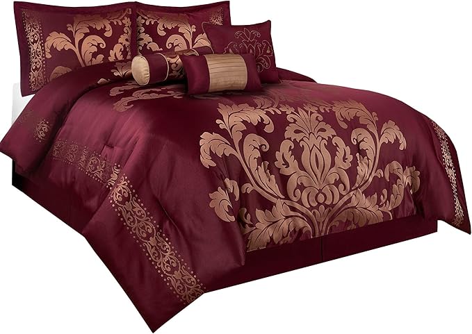 Chezmoi Collection Royale 7-Piece Jacquard Floral Comforter Set, Oversized King, Maroon/Gold