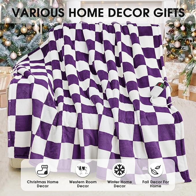 Heated Electric Blanket Throw, 50X60 Heating Blanket with 10 Heat Level & 8 Hours Auto Off for Lap, Deep Purple Checkered Plaid Soft Sherpa Blankets Warmer Gifts for Couch Grandma Women Adults