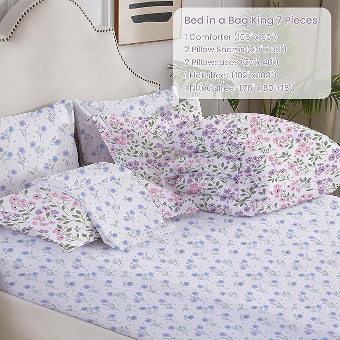 Floral Queen Comforter Set with Sheets, 7 Piece Luxury Vintage Bedding, Soft Microfiber Bed in a Bag, Cozy Lightweight Bed Set, Purple Flower Green Leaf