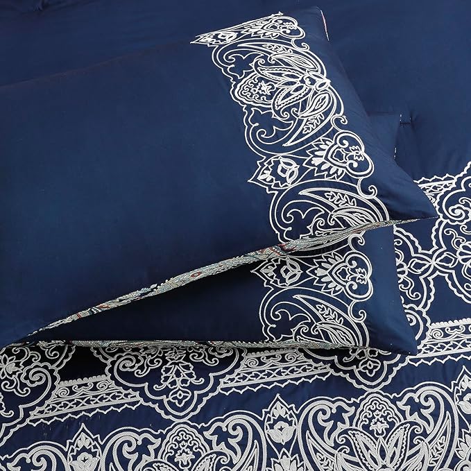 Sunshine Nicole Reversible Comforter Set, Brushed Microfiber Fabric with Embroidery for Front and Printed Microfiber Fabric for Reverse, 3 Pieces Navy Queen