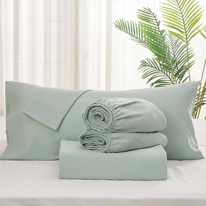 Simple&Opulence Belgian Linen Sheet Set Solid Color - 5 Pieces (1 Flat Sheet, 2 Fitted Sheets & 2 Pillowcases) Natural Flax Cotton Blend Soft Breathable Farmhouse Bedding - Split King Size, Mint Green