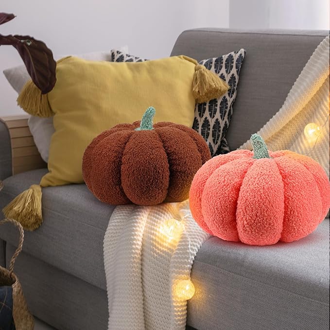 Kajaia 2 Pcs Pumpkin Pillow Plush 11 x 9.5 Inch 3D Cushion Fall Decorations Simulated Stuffed Throw Pillows for Halloween Thanksgiving Bedroom Sofa Couch Supplies (Orange,Brown)
