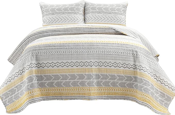 Lush Decor Hygge Geo Pattern Striped 3 Piece Quilt Bedding Set, King, Yellow