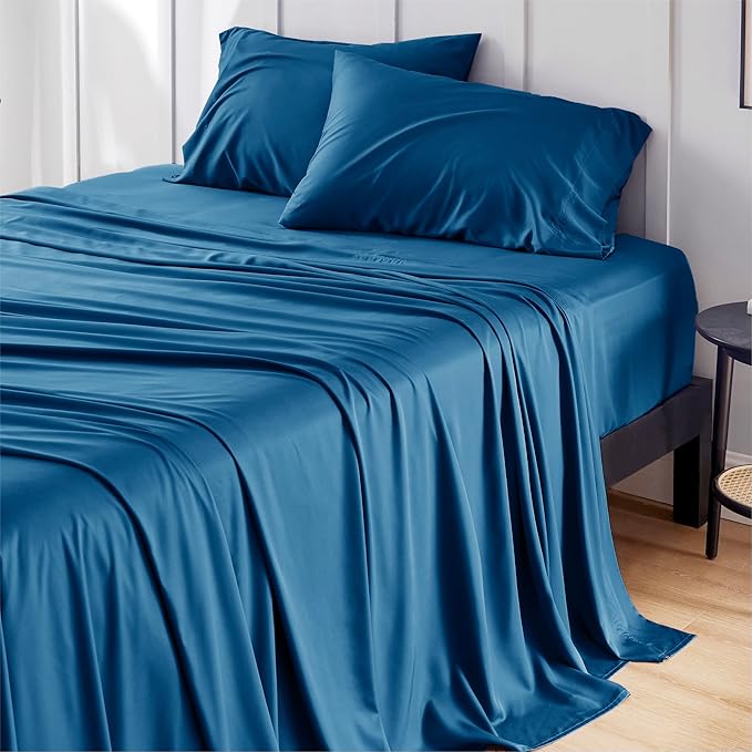Bedsure Queen Sheet Set, Rayon Derived from Bamboo, Cooling Sheets, Deep Pocket Up to 16", Breathable & Soft, Hotel Luxury Silky Bedding for Hot Sleepers, Teal