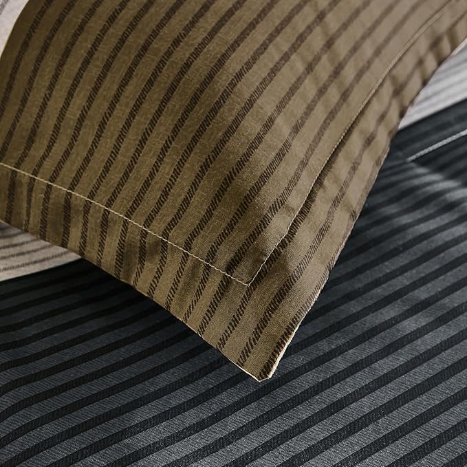 Anibedding 7 Pieces Striped King Size Comforter Set, Brown Black Soft Microfiber Down Alternative Farmhouse Bedding All Season with Comforter, Pillow Shams, Flat Sheet, Fitted Sheet and Pillowcases