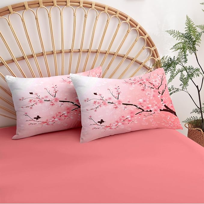 Cherry Blossom Comforter Set Twin Size Pink Floral Bedding Set for Girls Kids Japanese Flower Decor Quilt Set - 2Pcs Soft Fluffy Microfiber with 1 Pillowcase(68 * 86)
