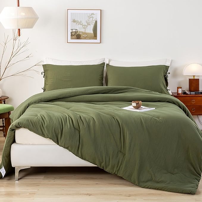 Dark Olive Green Bed Comforter Queen Set - Super Soft Washed Polycotton Fabric - Cozy Comfy Down Alternative Bedding Blanket Comforter Set and Pillowcases Lightweight but Warm for All Season