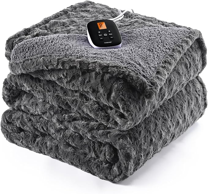 WOOMER Heated Blanket Full Size 77" x 84", Electric Blanket with a Control, 0.5-12 Hours Timer & 10 Heating Levels, ETL Certified, Dark Grey Roses Patterns Faux Fur & Sherpa, Machine Washable