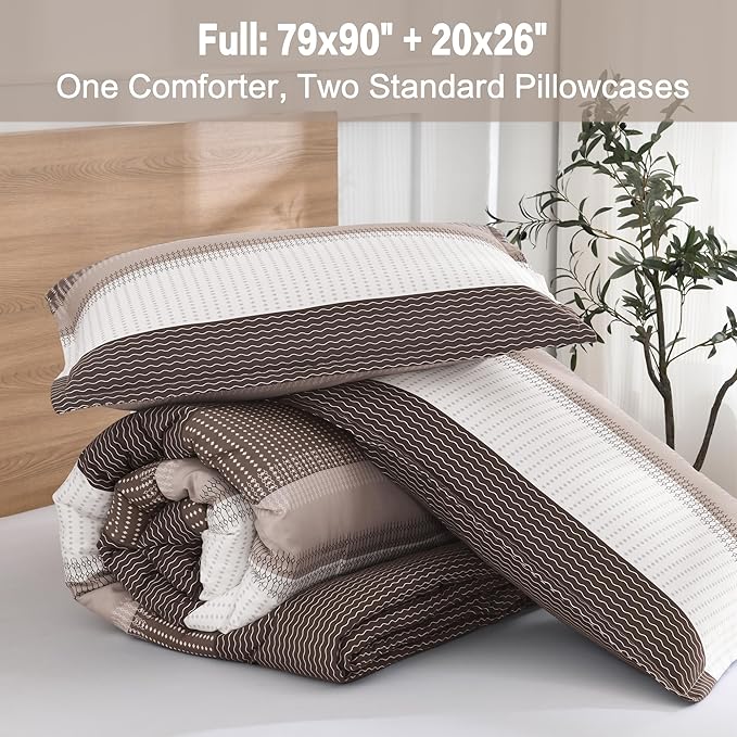 Litanika Comforter Set Full Size Chocolate - 3 Pieces Lightweight Colorblock Stripe Fluffy Bedding Comforter Sets, All Season Bed Set