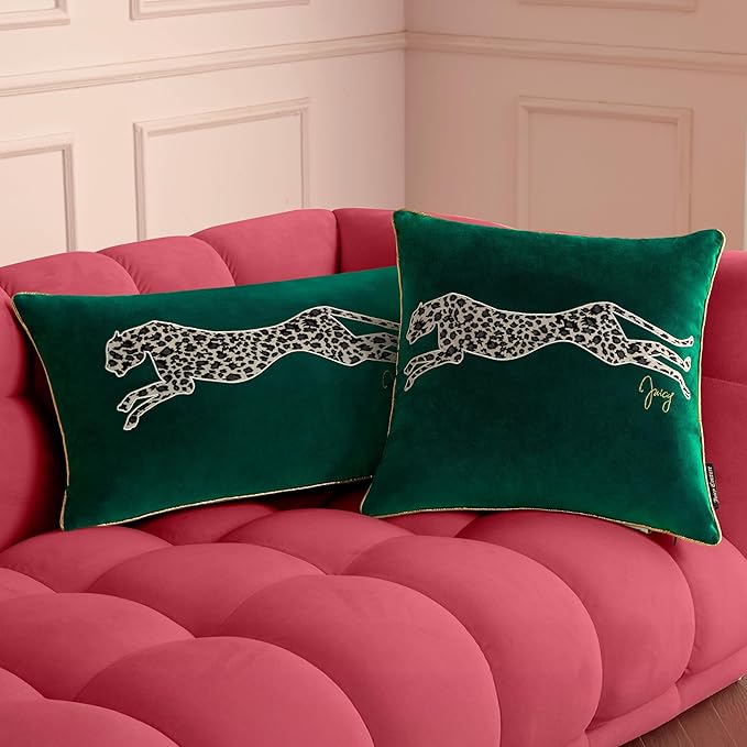 Juicy Couture Reversible Velvet Cheetah Pillow, 18" x 18" Decorative Pillow, Emerald Green