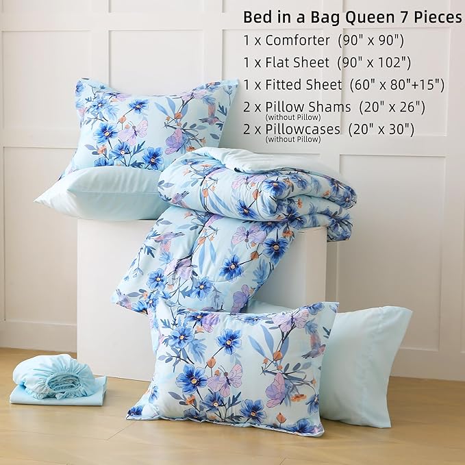 Floral Queen Comforter Set with Sheets, 7 Piece Luxury Vintage Bedding, Soft Microfiber Bed in a Bag, Cozy Lightweight Bed Set, Blue Flower Leaf Botanical