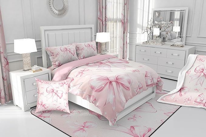 Erosebridal Pink Bow Girls Queen Bedding Set Kawaii Bowknot Comforter Set for Kids Teen Women Bedroom Decor,Glitter Bow Bedding Comforter Sets Dreamy Princess Bowknot Quilt Duvet 2 Pillow Cases