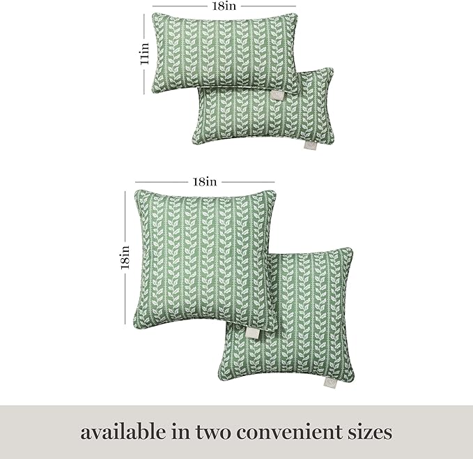 Martha Stewart Vineyard Vines Indoor Outdoor Decorative Lumbar Pillow 2-Pack Set, UV Fade Resistant, Water Repellent, Printed Garden Design, Green, 11"x18"