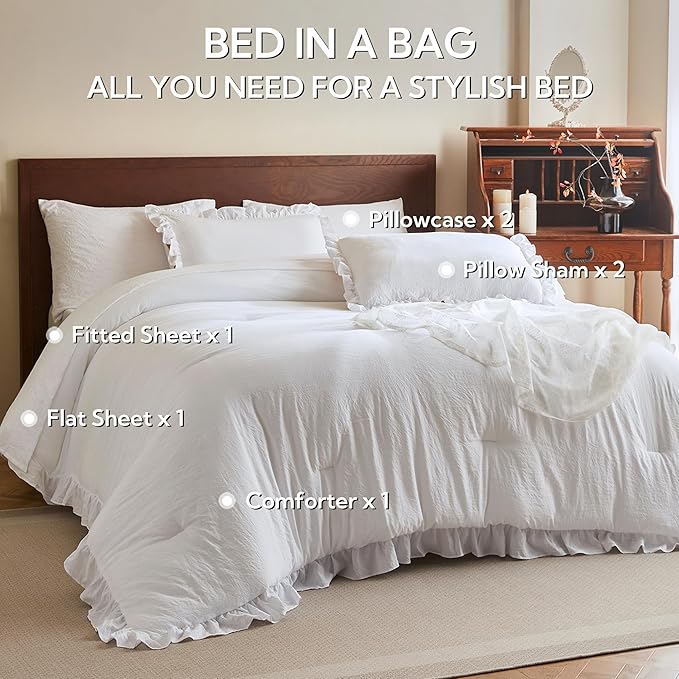 MR&HM Queen Comforter Set White, Comforter Set 7 Pieces for Girls Women, Shabby Chic Vintage Cottagecore Bed Sets Elegance Boho Bed in a Bag, Ultra-Soft & Fluffy Comforter for All Season