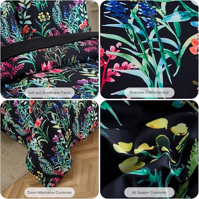7 Piece Bed in a Bag Floral Comforter Set, Botanical Flowers Comforter and Sheet Set, Soft Microfiber Lightweight Bedding Comforter Set for All Season(Dark Floral, King)