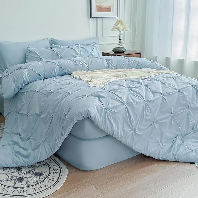 Maple&Stone Light Blue Comforter Set Queen, 7 Pieces Bed in a Bag Queen, Pintuck Bedding with Comforter, Sheets, Pillowcases & Shams - Light Blue