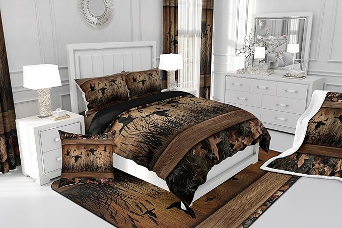Erosebridal Camo Mallard Duck Comforter Set for Kids Boys Men Rustic Farmhouse Cabin Bedding Comforter Sets Full,Hunting Woodland Duck Bedding Set Country Wood Board Animal Silhouette Bed Set