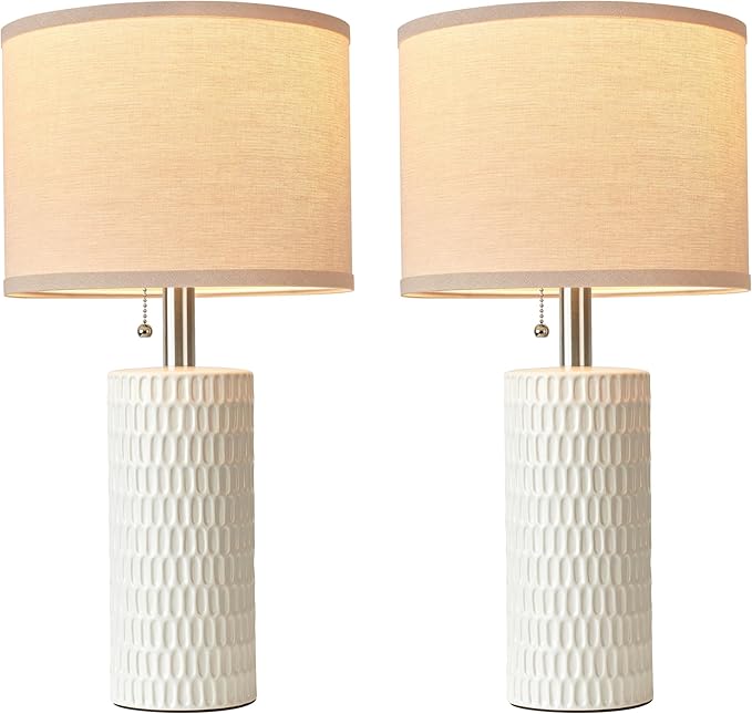 20.5" Modern Ceramic Table Lamps for Bedroom Set of 2, Bedside Lamps for Night Stands with Beige Lampshade, Farmhouse Table Lamp for Living Room Office Dorm, White
