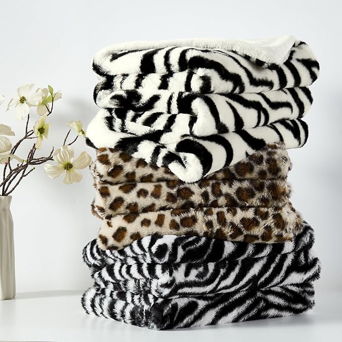 JONIYEAR Decorative Fuzzy Zebra Print Faux Rabbit Fur Throw Blanket 50" x 60",Double Sided Soft Thick Warm Shaagy Fluffy Blankets for Winter, Cute Cozy Plush Animal Blanket for Women, White and Black