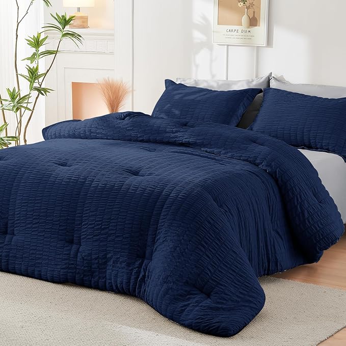 HYMOKEGE Navy Blue/Light Grey Queen Comforter Set Seersucker 7 Pieces, All Season Luxury Bed in a Bag Queen for Bedroom, Bedding Set with Comforter, Sheets, Pillowcases & Shams