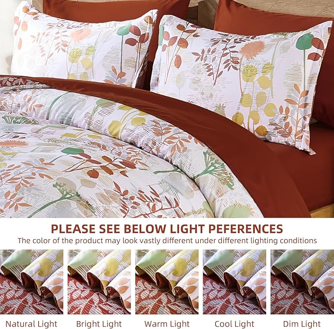 Anibedding 7Pieces Queen Comforter Set, Brown Botanical Bed in a Bag Complete Set with Sheet Pillowcase for Bedroom All Season