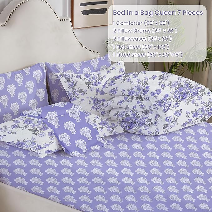 Floral Queen Comforter Set with Sheets, 7 Piece Luxury Vintage Bedding, Soft Microfiber Bed in a Bag, Cozy Lightweight Bed Set, Lavender Flower Grey Leaf