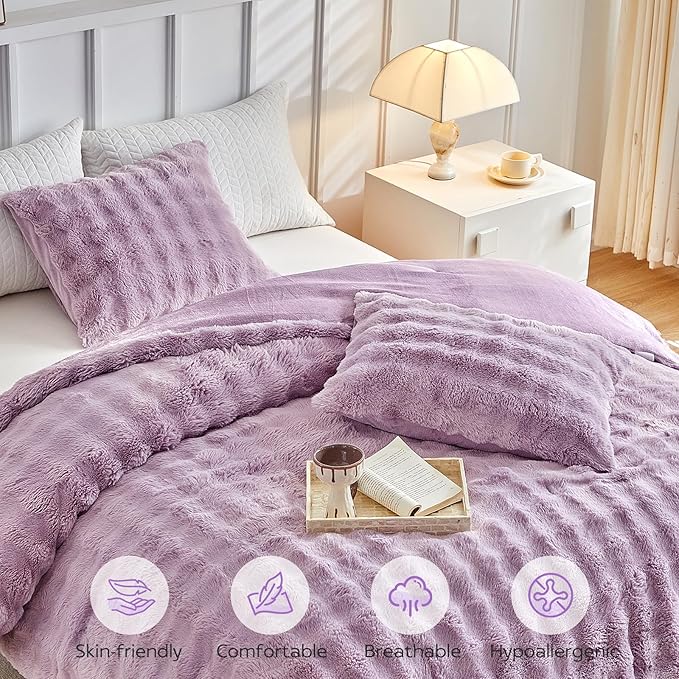 Tokokimo Faux Fur Comforter Set King Size, Ultra Soft Reversible Heavyweight Fluffy Bedding, Extra Warm Winter Comforter with 2 Pillow Cases, All Season Fuzzy Comforter Set, Purple