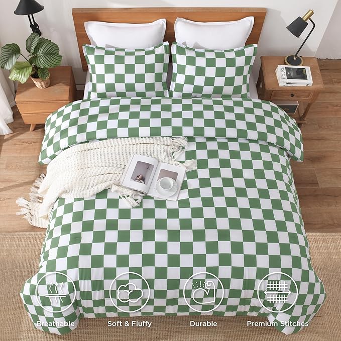 Andency Green Checkered Comforter Queen(90x90Inch), Plaid Gingham Buffalo Grid Bedding Comforter Sets for Boys Kids Teens, 3 Pieces Lightweight Microfiber Geometric Preppy Bed Set