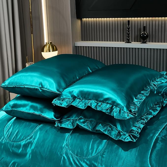 Silky Comforter Set with Sheet Set Queen 8 Pcs Peacock Green Bed in a Bag Green Bedding Set Silk Like Satin Ruffle Home Deocr Sexy Hotel Silky Bed Set with 1 Cushion Cover