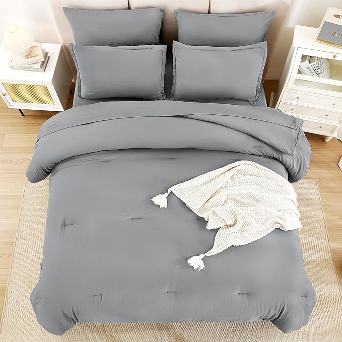 Litanika King Size Comforter Set Medium Gray - 7 Pieces Bed in a Bag King Bedding Comforter Sets, Solid Lightweight Bed Set with Comforter, Sheets, Pillowcases & Shams