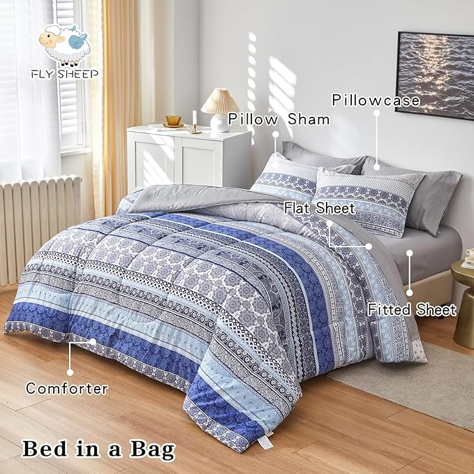 Flysheep Bohemian Striped Bed in a Bag 6 Pieces Twin Size, Boho Blue Grey Geometric Pattern Reversible Bed Comforter Set (1 Comforter, 1 Flat Sheet, 1 Fitted Sheet, 2 Pillow Shams, 1 Pillowcase)