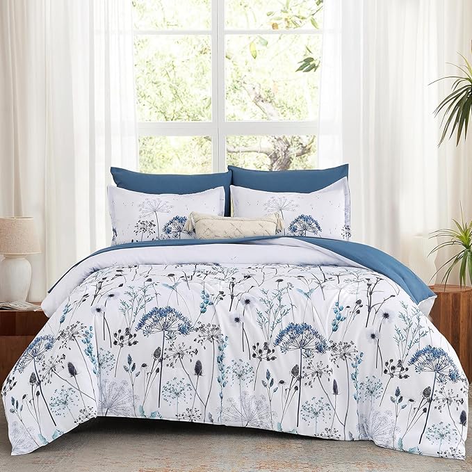 Yiran 7 Piece Blue Dandelion Botanical Comforter Set Queen Size, Floral Plant Comforter Bedding Set, Bed in a Bag Queen, Soft Microfiber Complete Bedding Set with Sheets for All Season