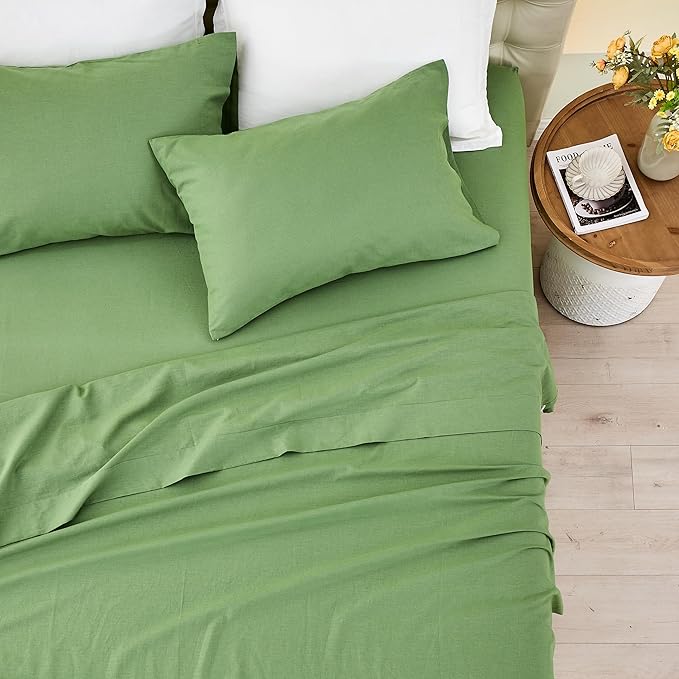 Simple&Opulence Belgian Linen Sheet Set Solid Color - 3 Pieces (1 Flat Sheet & 1 Fitted Sheet & 1 Pillowcase) Natural Flax Cotton Blend Soft Bedding Breathable Farmhouse - Khaki Green, Twin Size