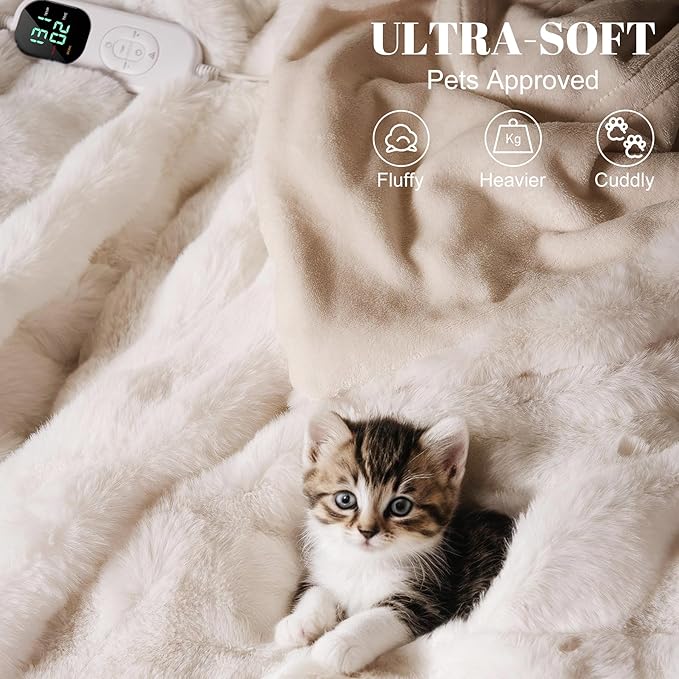 IUUI Electric Heated Blanket King 90''x100'',Luxury Faux Rabbit Fur Heating Throw Blankets,Fast Heating with 1/2/4/6/8/10 Hours,Overheat Protection, Quick Heating, Memory Function, Gift-Ready Design