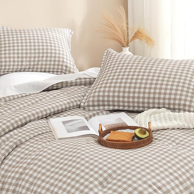 Andency Tan Checkered Comforter King(104x90Inch), Plaid Gingham Buffalo Grid Bedding Comforter Sets for Boys Kids Teens, 3 Pieces Lightweight Microfiber Geometric Preppy Bed Set