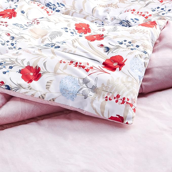 Amazon Basics Full/Queen Size Ultra-Soft Lightweight Microfiber Reversible 3-Piece Bedding Comforter Set, Pink Floral, Washable