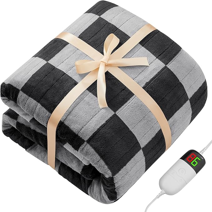 Heated Electric Blanket Throw, 50X60 Heating Blanket with 10 Heat Level & 8 Hours Auto Off for Lap, Black Gray Checkered Plaid Soft Sherpa Blankets Warmer Gifts for Couch Grandma Women Adults