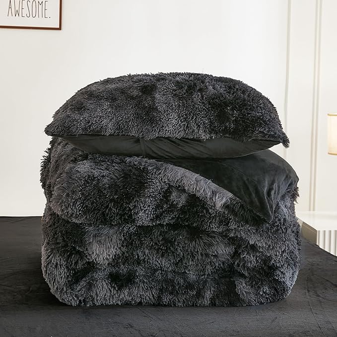 Andency Faux Fur Tie-Dyed Black Grey Comforter for Queen Size Bed, 3 Pieces Fluffy Fuzzy Plush Bedding Set (1 Shaggy Velvet Comforter & 2 Pillowcases), Soft Puffy Down Bedding Set
